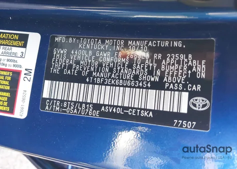 2011 Toyota Camry Se from USA, damaged, VIN 4T1BF3EK6BU663454